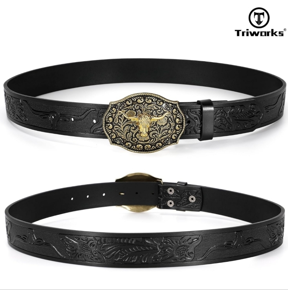 Triworks NEW Western Black Floral & Long Horn Embossed Unisex Belt w/Gold Buckle - Picture 3 of 8